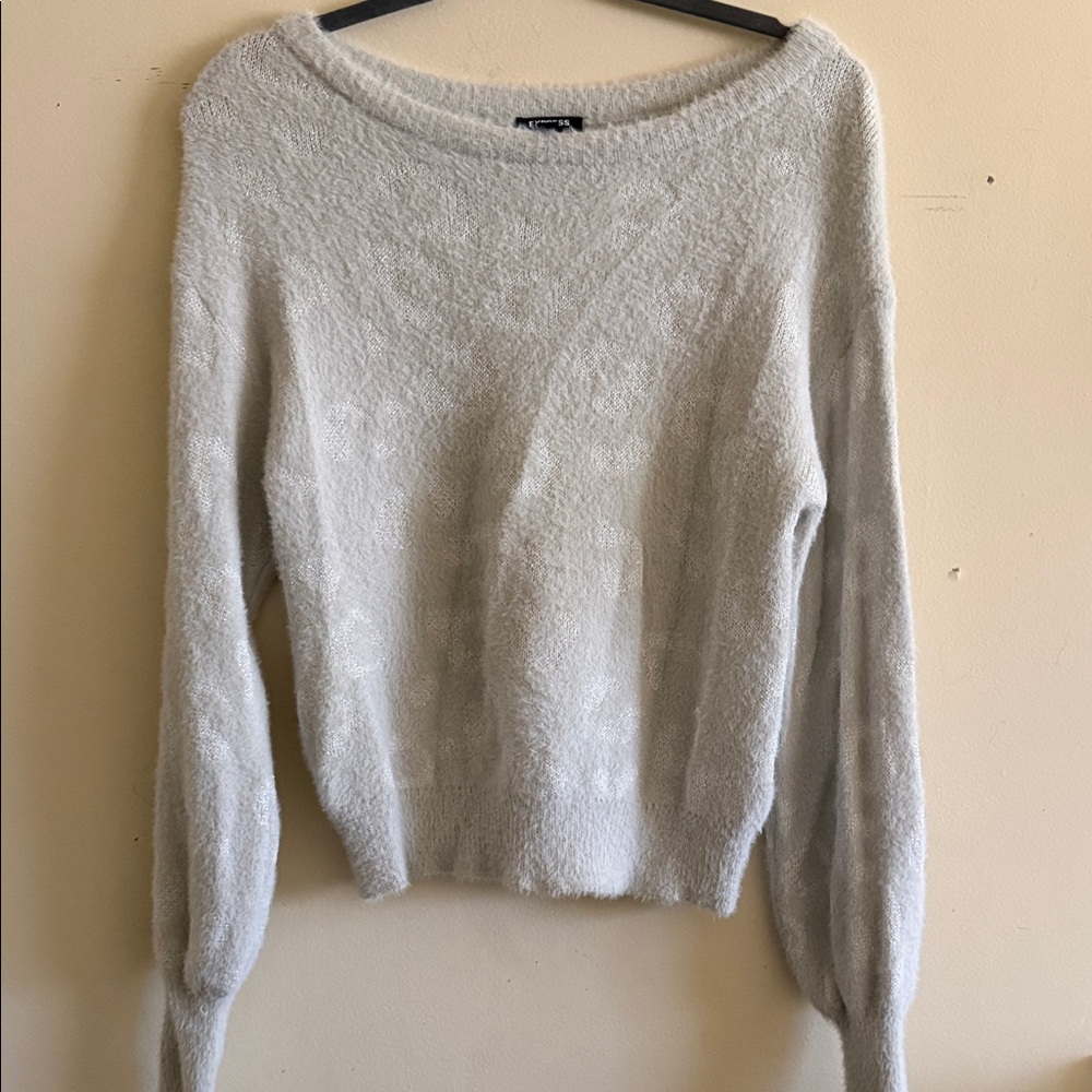 Express Light Gray Scoop-Neck Fuzzy Sweater